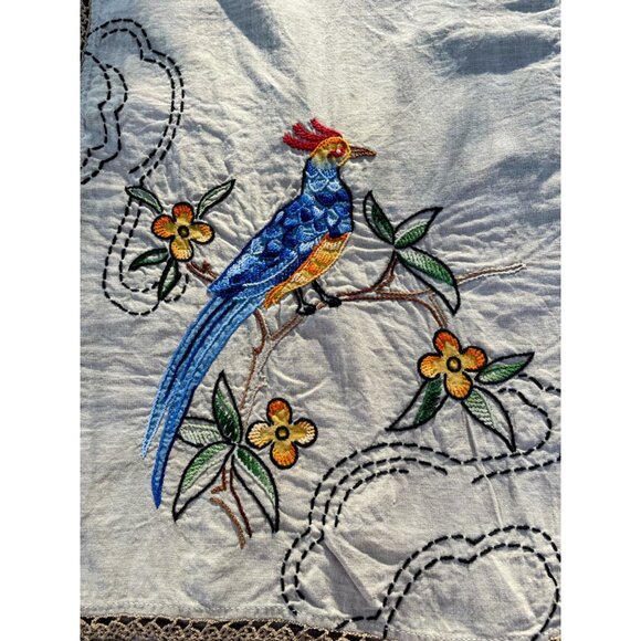Arts & Crafts Linen Embroidery Table Runner Dresser Scarf Set Bird Of Paradise - Picture 7 of 16